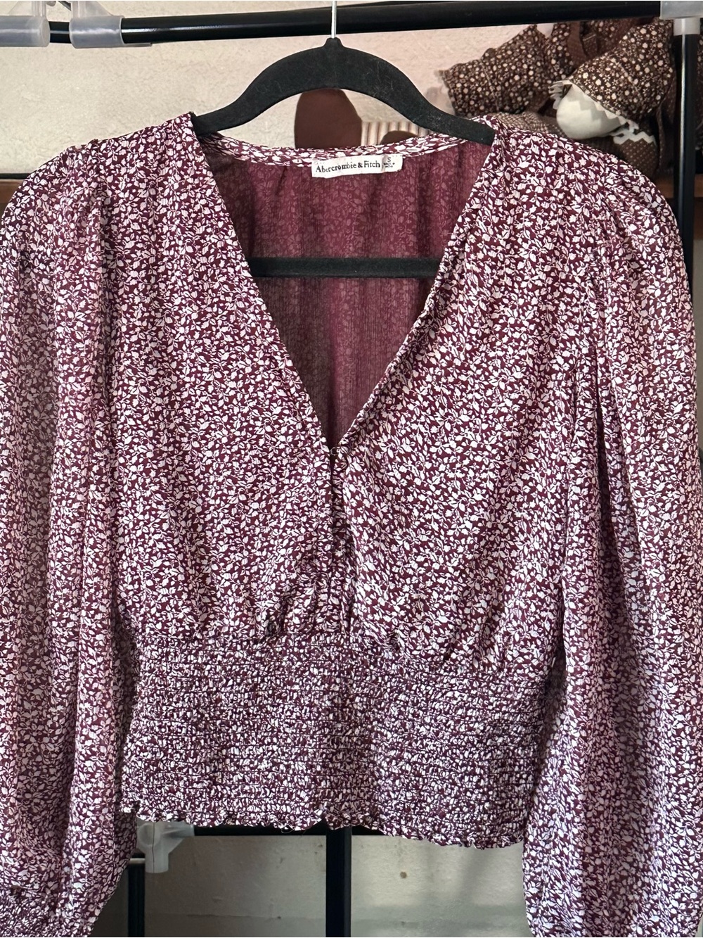 Abercrombie & Fitch Wine Floral V-Neck Smocked Waist Blouse